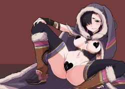 Rule 34 | 1girl, black eyes, black hair, black nails, boots, bracelet, breasts, breasts out, cai wenji, cape, female focus, fur-trimmed boots, fur-trimmed cape, fur trim, grin, groin, hair over one eye, heart pasties, highres, hood, hooded cape, jewelry, maebari, medium breasts, nail polish, navel, partially visible vulva, pasties, purple cape, reclining, revealing clothes, sagarakuda, sangokushi taisen, smile, solo, spread legs