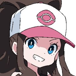 Rule 34 | 1girl, baseball cap, blue eyes, bright pupils, brown hair, commentary, creatures (company), cutefires, eyelashes, game freak, grin, hat, high ponytail, hilda (pokemon), looking at viewer, lowres, nintendo, pink hat, pixel art, pokemon, pokemon bw, portrait, sidelocks, smile, solo, teeth, two-tone headwear, white background, white hat, white pupils