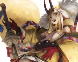 Rule 34 | 1girl, :d, blonde hair, fate/grand order, fate (series), highres, holding, holding sword, holding weapon, horns, ibaraki douji (fate), japanese clothes, kimono, long hair, looking at viewer, nanbo ataru (attall), oni, open mouth, scabbard, sheath, sheathed, smile, solo, sword, tattoo, teeth, weapon, yellow eyes