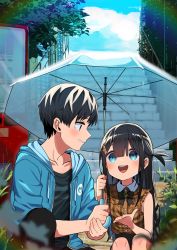 Rule 34 | 1boy, 1girl, :d, black hair, blue eyes, blurry, blurry foreground, blush, child, cloud, collarbone, day, flower, hair ornament, hairclip, highres, holding, holding umbrella, hood, hooded jacket, jacket, long hair, motto notto, one side up, open mouth, original, outdoors, railing, rainbow, round teeth, short hair, sleeveless, smile, stairs, teeth, umbrella