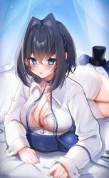 Rule 34 | 1girl, :o, absurdres, alarm clock, bad id, bad pixiv id, black hair, blue eyes, blush, breasts, choker, cleavage, clock, collarbone, collared shirt, crossed bangs, dress shirt, hair between eyes, hair intakes, highres, hololive, hololive english, large breasts, long sleeves, looking at viewer, lying, maru ccy, medium hair, naked shirt, on bed, open mouth, ouro kronii, partially unbuttoned, shirt, solo, virtual youtuber, white shirt