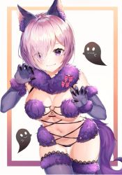 Rule 34 | 1girl, animal ear fluff, animal ears, bad id, bad twitter id, black panties, blush, breasts, claw pose, cleavage, closed mouth, cowboy shot, fate/grand order, fate (series), fur collar, fur trim, ghost, hair over one eye, halloween, hinaki (hinaki 0102), lace, lace-trimmed legwear, lace trim, large breasts, light purple hair, looking at viewer, mash kyrielight, mash kyrielight (dangerous beast), navel, official alternate costume, panties, purple eyes, purple thighhighs, short hair, smile, solo, stomach, tail, thighhighs, underwear, wolf ears, wolf tail