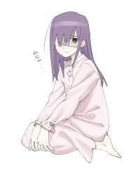 Rule 34 | 1girl, @ @, bad id, bad twitter id, buttons, character request, closed mouth, copyright request, eyepatch, feet, frown, highres, long hair, long sleeves, pajamas, purple eyes, purple hair, simple background, sitting, solo, wariza, white background, xxxsoiu1