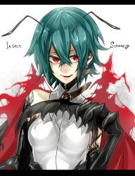 Rule 34 | 1girl, antennae, aqua hair, bifrst, black gloves, cape, claws, elbow gloves, gloves, highres, letterboxed, aged up, open mouth, red eyes, shirt, sleeveless, sleeveless shirt, smile, solo, touhou, upper body, wriggle nightbug