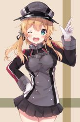 Rule 34 | 10s, 1girl, ;d, anchor hair ornament, aqua eyes, blonde hair, gloves, hair ornament, hand on own hip, hat, kantai collection, long sleeves, military, military uniform, nonono (nononotea), one eye closed, open mouth, peaked cap, pointing, pointing up, prinz eugen (kancolle), simple background, skirt, smile, solo, twintails, uniform, white gloves