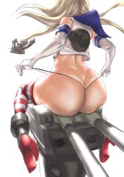 Rule 34 | 10s, 1girl, :3, anchor, ass, bare shoulders, black panties, blonde hair, butt crack, commentary request, crop top, elbow gloves, from behind, gloves, hairband, high heels, highleg, huge ass, kantai collection, long hair, panties, rensouhou-chan, sailor collar, shimakaze (kancolle), simple background, sitting, solo, striped clothes, striped thighhighs, thighhighs, thong, tomiokasena, underwear, wedgie, white background, white gloves