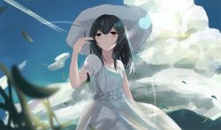 Rule 34 | 1girl, black hair, blue sky, blurry, blurry foreground, blush, brown eyes, closed mouth, cloud, commentary request, day, depth of field, doran (dorannomai), dress, hair between eyes, hand up, hat, highres, idolmaster, idolmaster shiny colors, long hair, morino rinze, outdoors, see-through, short sleeves, sky, solo, sun hat, sunlight, white dress, white hat