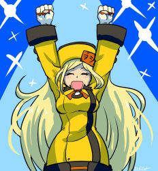 Rule 34 | 1girl, ^ ^, akairiot, arms up, bad id, bad tumblr id, blonde hair, blush, breasts, closed eyes, evolution championship series, fingerless gloves, fist pump, fur hat, gloves, guilty gear, guilty gear xrd, hat, jacket, long hair, millia rage, simple background, solo, swept bangs, ushanka, very long hair, white gloves