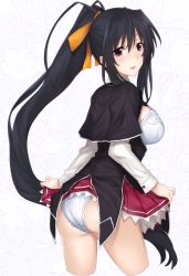 Rule 34 | 1000000000, 10s, 1girl, ass, black hair, bra, clothes lift, cowboy shot, cropped legs, from behind, hair ribbon, high school dxd, himejima akeno, leaning forward, long hair, looking back, open clothes, panties, ponytail, ribbon, school uniform, simple background, skirt, skirt lift, smile, solo, underwear, upskirt, very long hair, white bra, white panties