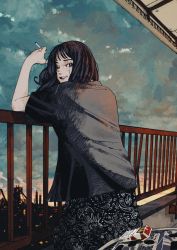 Rule 34 | 1girl, black hair, black shirt, cigarette, cigarette pack, cloud, cloudy sky, commentary request, from behind, highres, holding, holding cigarette, long hair, looking at viewer, looking back, original, outdoors, print skirt, salusuberi 0410, shirt, short sleeves, skirt, sky, solo, twilight, upper body