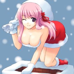 Rule 34 | 1girl, atsukan, bag, bare shoulders, bent over, boots, breasts, chimney, christmas, cleavage, dress, female focus, gloves, kneeling, large breasts, long hair, one eye closed, pink eyes, pink hair, purple eyes, purple hair, ribbon, santa costume, smile, snow, snowing, solo, strapless, strapless dress, unknown, wink