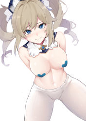 Rule 34 | 1girl, absurdres, arms behind back, barbara (genshin impact), bare shoulders, blonde hair, blue eyes, blush, breasts, closed mouth, detached collar, drill hair, genshin impact, hair ornament, half-closed eyes, highres, looking at viewer, medium breasts, navel, pantyhose, pasties, simple background, solo, topless, twin drills, twintails, vuxer, white background, white headwear, white neckwear, white pantyhose