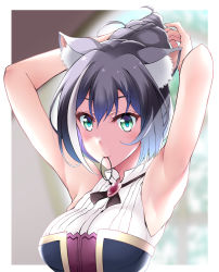 Rule 34 | 1girl, animal ear fluff, armpits, arms up, black hair, blue hair, blurry, blurry background, blush, border, breasts, closed mouth, depth of field, fukunaga yukito, gradient hair, green eyes, hair tie, hairdressing, karyl (princess connect!), looking at viewer, medium breasts, mouth hold, multicolored hair, outside border, ponytail, princess connect!, short hair, sleeveless, smile, solo, streaked hair, tying hair, upper body, white border, white hair