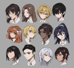 Rule 34 | 6+boys, 6+girls, black eyes, black hair, blonde hair, blue eyes, blue hair, brown eyes, brown hair, cigarette, closed mouth, don quixote (project moon), faust (project moon), glasses, green eyes, grey background, hair slicked back, heterochromia, high ponytail, highres, hong lu (project moon), ishmael (project moon), limbus company, long hair, looking to the side, low ponytail, mu46016419, multiple boys, multiple girls, orange hair, outis (project moon), project moon, red eyes, ryoshu (project moon), short hair, simple background, sinclair (project moon), very long hair, white hair, yellow eyes, yi sang (project moon)