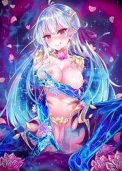 Rule 34 | 1girl, armor, bikini armor, blush, breast hold, breasts, cleft of venus, collar, earrings, fate/grand order, fate (series), flower, grabbing, grabbing another&#039;s breast, grabbing own breast, hair ribbon, heart, heart-shaped pupils, highres, jewelry, kama (fate), kama (third ascension) (fate), large breasts, long hair, looking at viewer, metal collar, navel, nipples, petals, pink ribbon, pussy, pussy juice, ribbon, silver hair, solo, symbol-shaped pupils, tongue, yazuishou ray