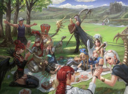 Rule 34 | 1boy, 6+girls, :d, :o, absurdres, all fours, armor, baguette, barefoot, baseball cap, basket, bird, black gloves, black legwear, black shorts, black wings, blonde hair, blue eyes, blue shirt, book, braid, bread, breasts, brown hair, building, cellphone, clenched hands, crown, earrings, eyewear on head, food, garter straps, glass, glasses, gloves, hair ribbon, hand on another&#039;s head, hand on own stomach, hat, head wreath, helmet, high heels, highres, holding, holding phone, hoop earrings, jewelry, lap pillow, long hair, looking at another, medium breasts, multiple girls, no shoes, open book, open mouth, original, outdoors, outstretched arms, pelican, phone, picnic, plate, reaching, reaching towards viewer, realistic, red hair, red ribbon, ribbon, scythe, seiza, shaonav, shirt, short hair, shorts, sitting, skeleton, sleeveless, sleeveless shirt, smartphone, smile, spread arms, standing, tank top, thigh strap, thighhighs, tree, v, water, white hair, white wings, wings, wristband