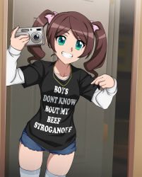 Rule 34 | 1girl, beef stroganoff, black shirt, blouse, bow, breasts, brown hair, camera, chuunioniika, clothes writing, commentary, cutoffs, denim, denim shorts, english commentary, english text, gold necklace, green eyes, grin, hair bow, highres, itaba yumi, jewelry, long sleeves, medium hair, meme, mirror, mirror image, necklace, parted bangs, petite, pink bow, pointing, pointing at viewer, selfie, senki zesshou symphogear, shirt, shorts, skindentation, small breasts, smile, solo, t-shirt, thighhighs