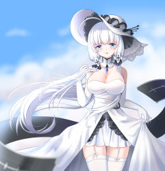 Rule 34 | 1girl, absurdres, azur lane, blue eyes, blue gemstone, blue sky, blurry, blurry background, breasts, cleavage, collar, cowboy shot, detached collar, dress, elbow gloves, flight deck, garter straps, gem, gloves, hat, highres, illustrious (azur lane), lace, lace-trimmed dress, lace-trimmed headwear, lace trim, large breasts, long hair, looking at viewer, skirt hold, sky, sleeveless, sleeveless dress, solo, strapless, strapless dress, sun hat, thigh gap, thighhighs, very long hair, white collar, white dress, white gloves, white hair, white hat, white thighhighs, zhihe box