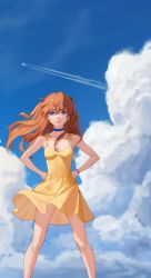 1girl, absurdres, aircraft, airplane, bangs, blue choker, blue eyes, blue sky, bracelet, breasts, brown hair, choker, closed mouth, cloud, collarbone, condensation trail, day, dress, drid, floating hair, frown, hair between eyes, hands on hips, headgear, highres, jewelry, long hair, neon genesis evangelion, outdoors, ribbon, shiny, shiny hair, short dress, sky, sleeveless, sleeveless dress, small breasts, solo, soryu asuka langley, standing, twitter username, very long hair, yellow dress, yellow ribbon