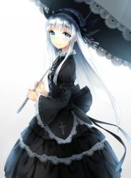 Rule 34 | 1girl, bad id, bad pixiv id, black dress, blue eyes, bow, breasts, cross, dress, from side, gothic lolita, hairband, highres, lace, lolita fashion, lolita hairband, long hair, looking at viewer, mogumo, original, ribbon, simple background, small breasts, smile, solo, umbrella, very long hair, white hair