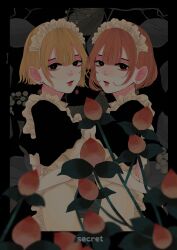 2girls apron black_dress blonde_hair commentary_request dress earrings flower highres hug jewelry maid maid_apron maid_headdress multiple_girls orange_hair original red_lips short_hair smile stud_earrings subtitled yuzuha_takamura