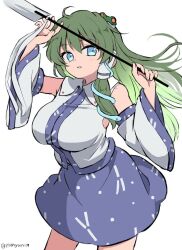 Rule 34 | 1girl, bare shoulders, blue eyes, blue skirt, blush, breasts, cowboy shot, detached sleeves, frog hair ornament, gohei, green hair, hair ornament, hair tubes, holding, japanese clothes, kochiya sanae, large breasts, long hair, nontraditional miko, parted lips, ramudia (lamyun), simple background, skirt, snake hair ornament, solo, touhou, white background, white sleeves, wide sleeves
