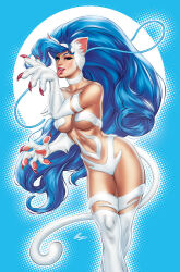 1girl animal_ear_fluff animal_ears animal_hands aqua_background artist_name big_hair blue_hair breasts cat_ears cat_girl cat_paws cat_tail claws collarbone commentary darkstalkers elias_chatzoudis english_commentary eyelashes eyeshadow felicia_(darkstalkers) green_eyes jewelry licking lips lipstick long_hair looking_at_viewer makeup nail_polish navel nude official_art open_mouth pink_eyeshadow red_lips red_nails signature smile solo standing tail thick_eyelashes thighs tongue tongue_out udon_entertainment very_long_hair white_fur