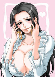 Rule 34 | 1girl, amazon warrior, black hair, blue eyes, blush, boa hancock, breasts, chikaburo, cleavage, collarbone, earrings, frilled shirt, frills, hands on own cheeks, hands on own face, heart, huge breasts, jewelry, large breasts, long hair, one piece, shirt, snake earrings, solo, upper body