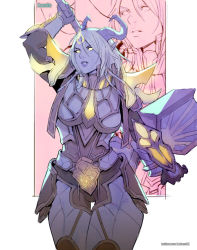 Rule 34 | 1girl, armor, blue skin, bodysuit, breasts, colored skin, commission, draenei, horns, long hair, paladin, pointy ears, rejean dubois, solo, thighs, warcraft, weapon, world of warcraft, yellow eyes