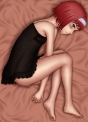 Rule 34 | 1boy, bad id, bad pixiv id, bare shoulders, barefoot, between legs, blue eyes, blush, feet, hairband, highres, legs, looking at viewer, lying, male focus, nightgown, on side, original, own hands clasped, own hands together, penis, red hair, short hair, solo, toumi (sr), trap