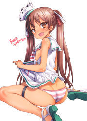 Rule 34 | 10s, 1girl, ass, bare arms, bare legs, bare shoulders, blush, brown eyes, brown hair, dark-skinned female, dark skin, fang, flat chest, hair ribbon, highres, kantai collection, libeccio (kancolle), long hair, looking at viewer, nipples, no bra, no pants, open mouth, panties, pink panties, revision, ribbon, school uniform, serafuku, side slit, sitting, smile, solo, striped clothes, striped panties, thigh strap, twintails, underwear, uousa-ou, very long hair, wariza