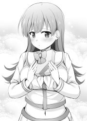 Rule 34 | 1girl, blush, box, gift, gift box, greyscale, hair between eyes, holding, holding gift, jewelry, kantai collection, long hair, long sleeves, monochrome, neckerchief, ooi (kancolle), pleated skirt, remodel (kantai collection), ring, rui shi (rayze ray), sailor collar, school uniform, serafuku, skirt, solo, wedding band