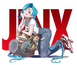 Rule 34 | 1girl, absurdres, air jordan, air jordan 1, arcane: league of legends, arm tattoo, blue hair, braid, commentary request, denim, highres, jeans, jinx (league of legends), league of legends, long hair, looking at viewer, nike (company), pants, shirt, shoes, simple background, smile, sneakers, solo, tattoo, teeth, very long hair, white background, white shirt, wosashimi