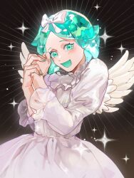 Rule 34 | 1other, alternate costume, androgynous, aqua eyes, aqua hair, aqua nails, blush, bow, brown background, chinese commentary, cowboy shot, crystal hair, dress, eyelashes, frilled dress, frills, hair bow, hands up, highres, houseki no kuni, long sleeves, looking at viewer, open mouth, other focus, own hands together, phosphophyllite, short hair, smile, solo, sparkle, translucent hair, white bow, white dress, white wings, wings, xiaoxiaoguguzi