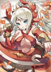 Rule 34 | 1girl, absurdres, bare shoulders, blue eyes, breasts, character request, circlet, criss-cross halter, dagger, detached sleeves, dual wielding, grey hair, grin, halterneck, highres, holding, holding dagger, holding knife, holding weapon, knife, kuuron (moesann17), long sleeves, looking at viewer, medium breasts, ponytail, puzzle &amp; dragons, red sleeves, smile, solo, tiara, translation request, weapon