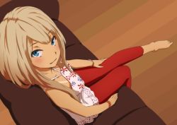 Rule 34 | 1girl, alessandra susu, bare arms, bare shoulders, barefoot, blonde hair, blue eyes, camisole, capri pants, closed mouth, contemporary, couch, dark-skinned female, dark skin, eyebrows, feet, floral print, leggings, long hair, looking at viewer, looking up, on couch, pants, re:re:re:, sitting, sleeveless, smile, solo, tan, tanline, toes, tokyo 7th sisters, wooden floor, wristband