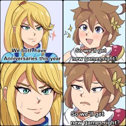 Rule 34 | 1boy, 1girl, blonde hair, blush, brown hair, closed mouth, commentary, english commentary, english text, eyebrows hidden by hair, green eyes, hair between eyes, highres, karbuitt, kid icarus, kid icarus uprising, meme, metroid, nervous smile, nintendo, open mouth, pit (kid icarus), portrait, samus aran, smile, star wars, star wars: attack of the clones, super smash bros., sweat, template