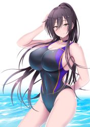 Rule 34 | 1girl, arm behind back, bare shoulders, black hair, black one-piece swimsuit, blush, breasts, choker, cleavage, closed mouth, collarbone, competition swimsuit, covered navel, hair between eyes, hand in own hair, high ponytail, highleg, highleg swimsuit, highres, hip focus, idolmaster, idolmaster shiny colors, large breasts, long hair, looking at viewer, moo yoshio, one-piece swimsuit, ponytail, purple one-piece swimsuit, shirase sakuya, smile, solo, swept bangs, swimsuit, thighs, two-tone swimsuit, wading, water, white background, yellow eyes