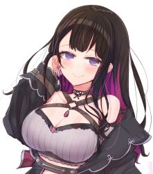 Rule 34 | 1girl, adjusting hair, bare shoulders, black hair, black jacket, breasts, chest harness, cleavage, closed mouth, collar, colored inner hair, earrings, harness, jacket, jewelry, koinoya mai, large breasts, long hair, looking at viewer, mole, mole under eye, multicolored hair, off shoulder, osakilo, propro production, purple eyes, purple hair, simple background, smile, solo, two-tone hair, upper body, virtual youtuber, white background