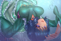 Rule 34 | 1girl, blue eyes, blue hair, breasts, commentary request, drill hair, drill sidelocks, fins, fish scales, frilled kimono, frills, green kimono, head fins, japanese clothes, kimono, large breasts, long sleeves, mermaid, monster girl, obi, open mouth, sash, short hair, shounen (hogehoge), sidelocks, touhou, underwater, wakasagihime, wide sleeves