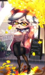 Rule 34 | + +, 1girl, absurdres, altoooooon, autumn leaves, beret, black footwear, black pantyhose, black skirt, cardigan, casual, collared shirt, commentary request, dappled sunlight, day, earrings, full body, grey hair, hat, high heels, highres, huge filesize, inkling, inkling (language), jewelry, lipstick, long sleeves, looking back, makeup, marie (splatoon), mask, medium skirt, mole, mole under eye, nintendo, off shoulder, open cardigan, open clothes, open mouth, outdoors, pantyhose, partial commentary, pencil skirt, pink cardigan, pink shirt, pointy ears, red hat, shirt, short hair, skirt, sleeveless, sleeveless shirt, solo, standing, sunlight, swept bangs, tentacle hair, tied shirt, twitter username, yellow eyes