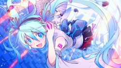 Rule 34 | 1girl, :d, aqua eyes, aqua hair, detached sleeves, female focus, foreshortening, from above, hatsune miku, headphones, headset, highres, japanese clothes, long hair, obi, open mouth, sash, skirt, smile, solo, thighhighs, twintails, umbrella, very long hair, vocaloid