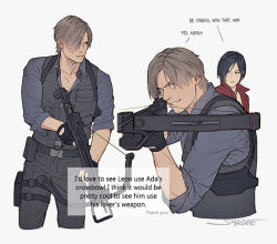 Rule 34 | 1boy, 1girl, ada wong, aiming, artist name, black gloves, black hair, blonde hair, blue shirt, bow (weapon), collared shirt, cowboy shot, crossbow, english text, fingerless gloves, gloves, grey pants, grin, holding, holding crossbow, holding weapon, holster, jacket, leon s. kennedy, long sleeves, mature female, mature male, multiple views, pants, parted bangs, parted lips, red jacket, resident evil, resident evil 6, sardine (kjr0313), shirt, short hair, sleeves rolled up, smile, speech bubble, teeth, thigh holster, vest, weapon