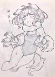 Rule 34 | 1girl, alternate costume, animal ears, animal hands, armpit crease, bare legs, bare shoulders, blunt bangs, blush, breasts, claw pose, claws, commentary, cropped legs, dog ears, dog tail, embarrassed, fake animal ears, fake tail, floating hair, frown, fur-trimmed collar, fur trim, furrowed brow, gloves, graphite (medium), greyscale, groin, hatching (texture), highres, linear hatching, looking at viewer, looking down, monochrome, name tag, open mouth, paw gloves, school swimsuit, short twintails, small breasts, solo, sweat, swimsuit, tail, tareme, toriniku29, touhoku kiritan, traditional media, translated, twintails, voiceroid, wide hips
