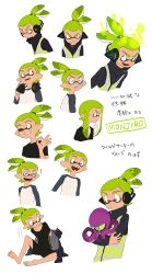 Rule 34 | 1boy, ;d, akashi (sorobochi), bad id, bad tumblr id, barefoot, bike shorts, black shirt, black shorts, brown eyes, carrying, character name, character sheet, closed eyes, expressions, fangs, glowing, hair down, headphones, headphones around neck, high collar, highres, inkling, inkling boy, inkling player character, katou (osoraku), long sleeves, looking at viewer, male focus, monjiro (sorobochi), multiple views, nintendo, octoling, octopus, ok sign, one eye closed, open mouth, raglan sleeves, shirt, short hair, shorts, simple background, sitting, smile, splatoon (series), splatoon 1, squidbeak splatoon, t-shirt, takozonesu, topknot, undressing, vest, white background