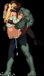 Rule 34 | 1boy, 1girl, animated, animated gif, bare shoulders, blonde hair, bottomless, bouncing breasts, breasts, clothed sex, cum, cum in pussy, cum overflow, headless, hetero, large breasts, long hair, lowres, monster boy, muscular, muscular male, parasite in city, pectorals, pixel art, rape, sex, suspended congress, tagme, tentacles, thighhighs, topless male, torn clothes, zombie