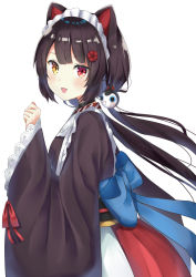 Rule 34 | 1girl, animal ears, black collar, black hair, blunt bangs, blush, collar, commentary, cowboy shot, dog ears, dog girl, dog hair ornament, flower, frills, fuji noyume, hair flower, hair ornament, heterochromia, highres, inui toko, japanese clothes, kimono, long hair, long sleeves, looking at viewer, maid, maid headdress, nijisanji, red eyes, simple background, sleeves past wrists, solo, very long hair, virtual youtuber, wa maid, wide sleeves, yellow eyes