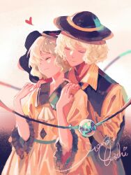 Rule 34 | 1boy, 1girl, adapted costume, ascot, black headwear, black vest, blonde hair, closed eyes, closed mouth, collared shirt, commentary request, dianguang qishi, frilled sleeves, frills, genderswap, genderswap (ftm), hat, hat ribbon, heart, highres, komeiji koishi, ribbon, shirt, short hair, sleeves past elbows, smile, touhou, vest, yellow ascot, yellow ribbon, yellow shirt