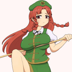 Rule 34 | 1girl, beret, black ribbon, braid, breast press, breasts, breasts squeezed together, collared shirt, dynamic pose, embarrassed, frilled shirt, frills, green skirt, green vest, hat, hat ornament, holding, holding weapon, hong meiling, kigan&#039;eiji, large breasts, long hair, long skirt, orange hair, red eyes, red hair, ribbon, shirt, side braid, skirt, solo, standing, standing on one leg, star (symbol), star hat ornament, touhou, twin braids, vest, weapon, white shirt