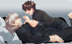 Rule 34 | 2boys, bara, beard, black bodysuit, bodysuit, covered abs, facial hair, fate/grand order, fate (series), feet out of frame, fujimaru ritsuka (male), grey hair, imoda, large pectorals, lying, lying on person, male focus, mature male, medium hair, multiple boys, muscular, muscular male, old, old man, on back, on bed, pectorals, smile, vlad iii (fate/extra), wrinkled skin, yaoi